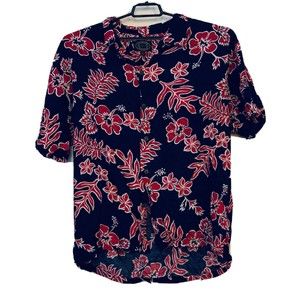 Mens Hawaiian Shirt Size XL Made in USA Hawaii Red Tropical Floral on Black GUC